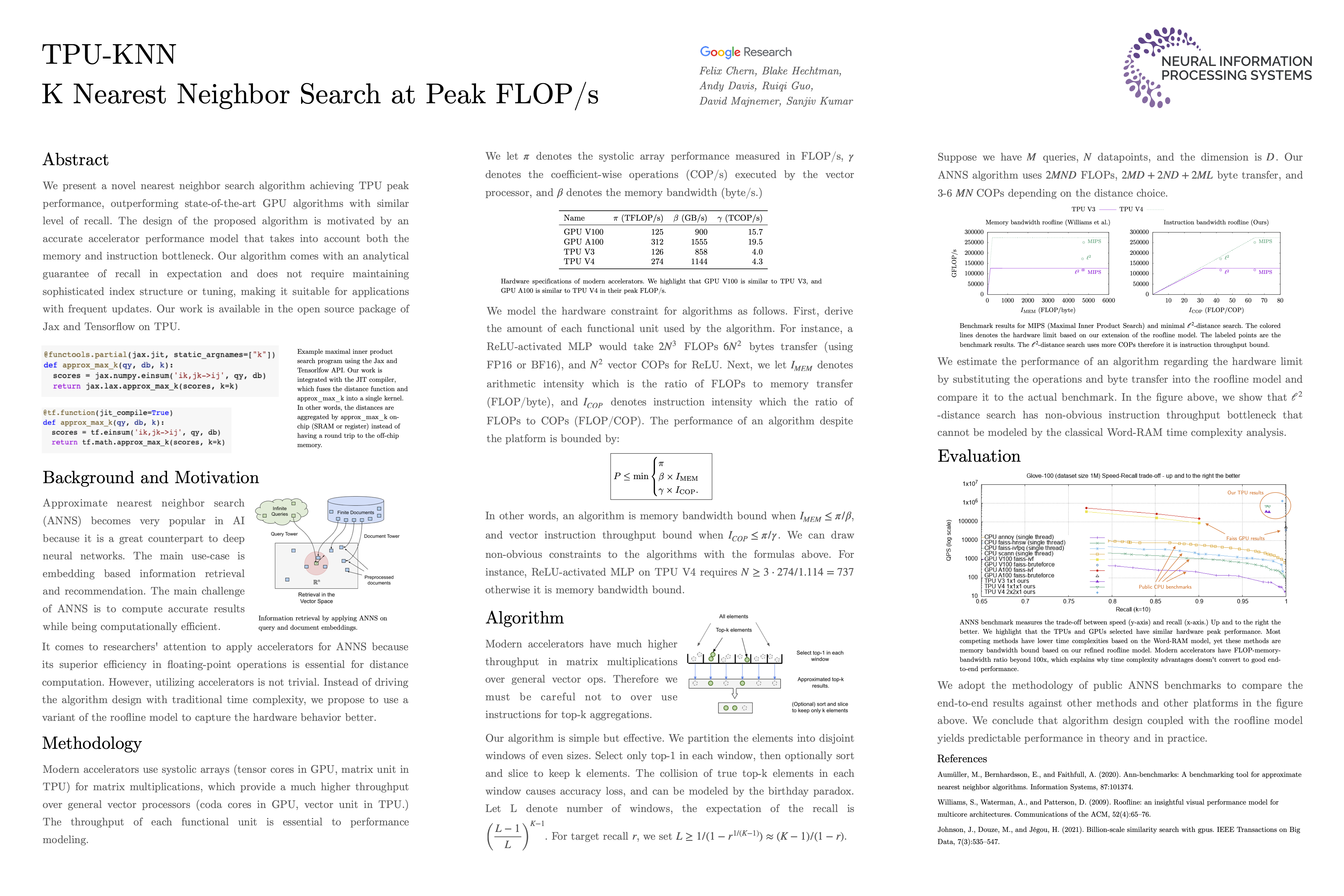 NeurIPS Poster TPUKNN K Nearest Neighbor Search at Peak FLOP/s